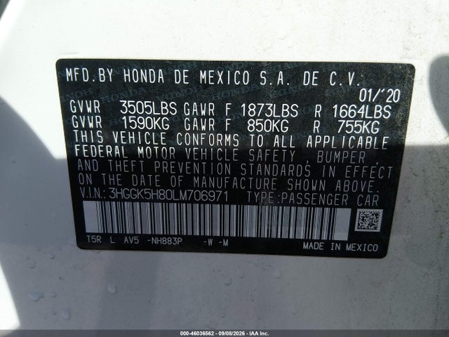 Продаж на аукціоні авто 2020 Honda Fit Ex, vin: 3HGGK5H80LM706971, номер лоту: 46036562