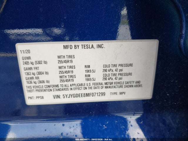 Продаж на аукціоні авто 2021 Tesla Model Y Long Range Dual Motor All-wheel Drive, vin: 5YJYGDEE8MF071299, номер лоту: 46036571