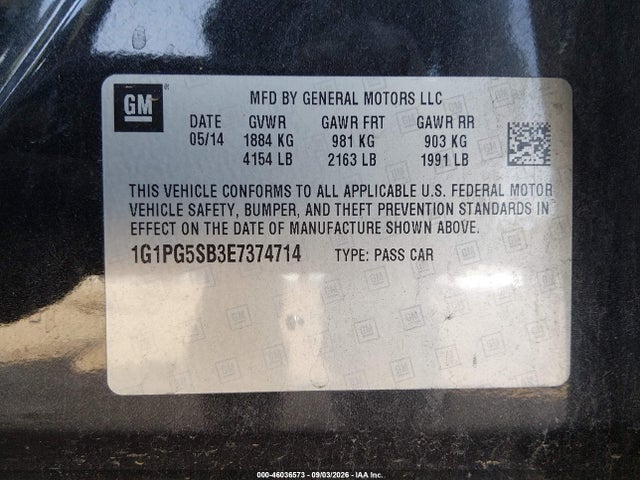 46036573 :رقم المزاد ، 1G1PG5SB3E7374714 vin ، 2014 Chevrolet Cruze Ltz مزاد بيع