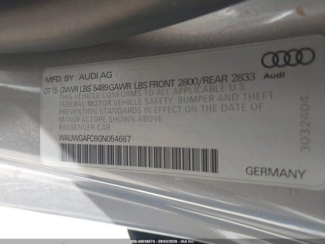 2016 Audi A7 3.0t Premium Plus მანქანა იყიდება აუქციონზე, vin: WAUWGAFC6GN054667, აუქციონის ნომერი: 46036574