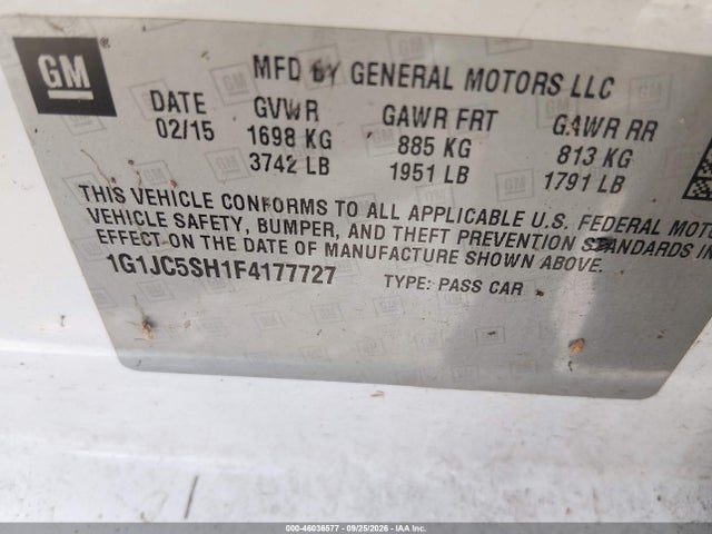 46036577 :رقم المزاد ، 1G1JC5SH1F4177727 vin ، 2015 Chevrolet Sonic Lt Auto مزاد بيع