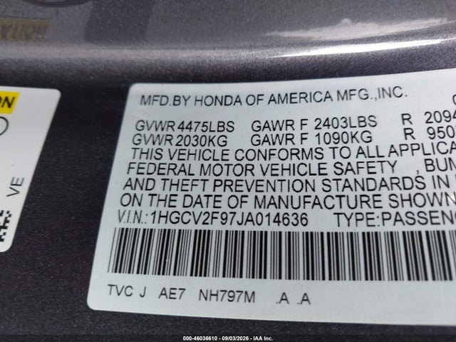 46036610 :رقم المزاد ، 1HGCV2F97JA014636 vin ، 2018 Honda Accord Touring 2.0t مزاد بيع
