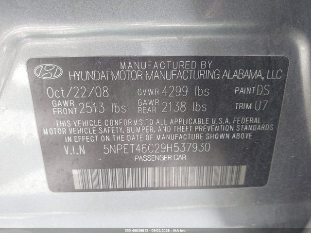 Aukcja sprzedaży 2009 Hyundai Sonata Gls, vin: 5NPET46C29H537930, numer aukcji: 46036612