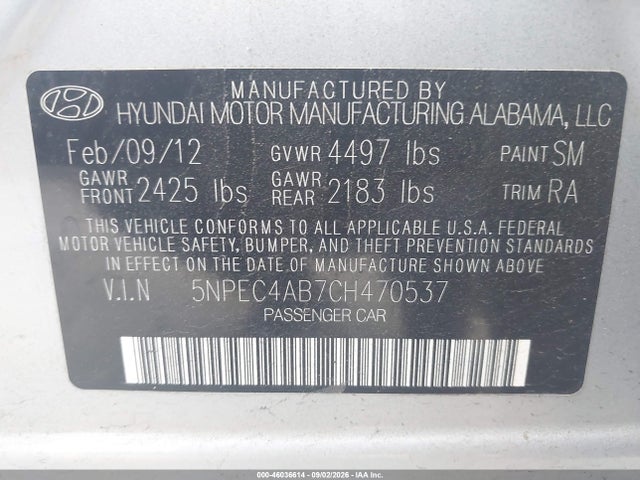 Продаж на аукціоні авто 2012 Hyundai Sonata Limited 2.0t, vin: 5NPEC4AB7CH470537, номер лоту: 46036614