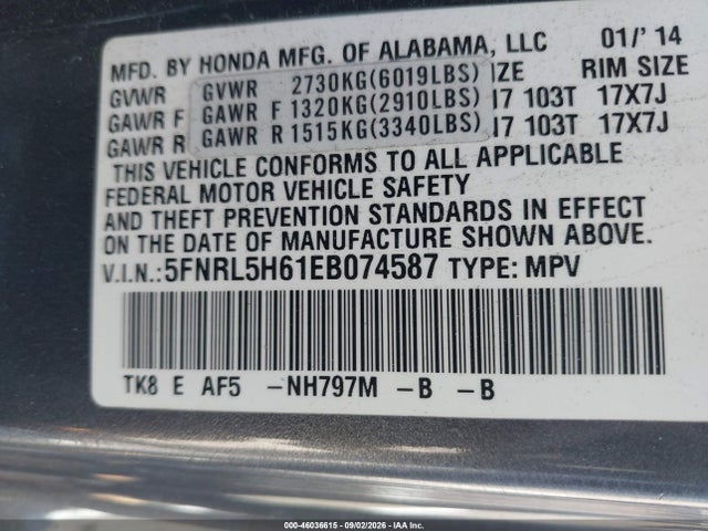 46036615 :رقم المزاد ، 5FNRL5H61EB074587 vin ، 2014 Honda Odyssey Ex-l مزاد بيع