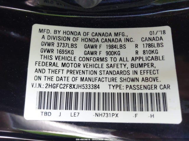 Honda CIVIC EX 2018 2HGFC2F8XJH533384 Image 9
