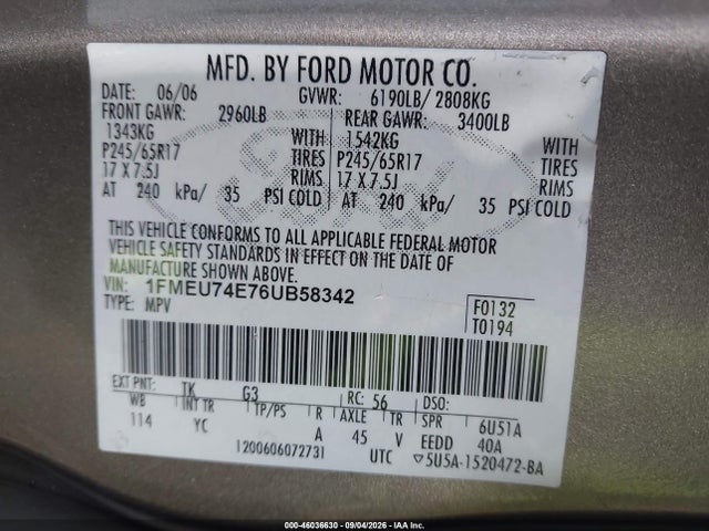 Продажа на аукционе авто 2006 Ford Explorer Eddie Bauer, vin: 1FMEU74E76UB58342, номер лота: 46036630