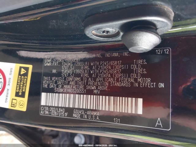 Aukcja sprzedaży 2013 Toyota Highlander Se V6, vin: 5TDBK3EH8DS200551, numer aukcji: 46036645