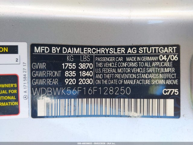 Aukcja sprzedaży 2006 Mercedes-benz Slk 350, vin: WDBWK56F16F128250, numer aukcji: 46036653