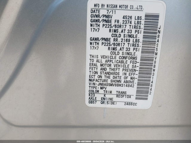 46036666 :رقم المزاد ، JN8AS5MV8BW314842 vin ، 2011 Nissan Rogue Sv مزاد بيع