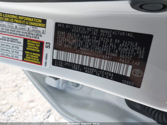 2026 Toyota Camry Xse მანქანა იყიდება აუქციონზე, vin: 4T1DAACK3TU316891, აუქციონის ნომერი: 46036669
