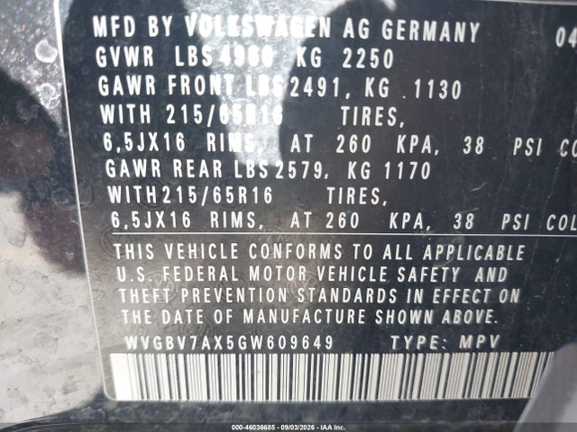2016 Volkswagen Tiguan S მანქანა იყიდება აუქციონზე, vin: WVGBV7AX5GW609649, აუქციონის ნომერი: 46036685