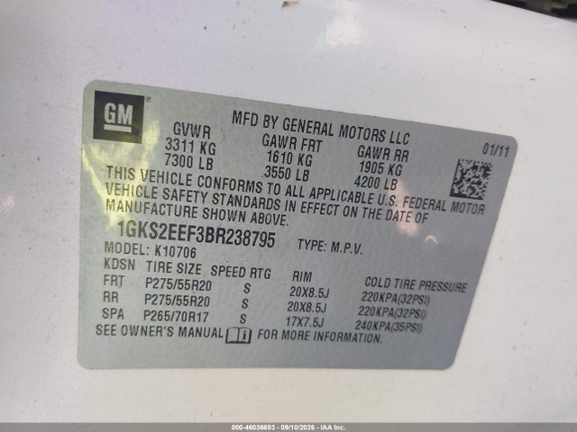 46036693 :رقم المزاد ، 1GKS2EEF3BR238795 vin ، 2011 Gmc Yukon Denali مزاد بيع