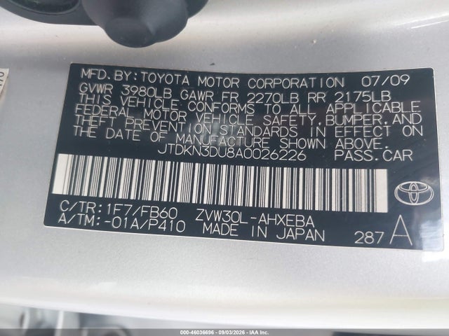 Aukcja sprzedaży 2010 Toyota Prius Iii, vin: JTDKN3DU8A0026226, numer aukcji: 46036696