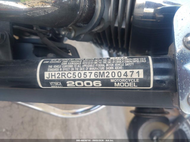 46036705 :رقم المزاد ، JH2RC50576M200471 vin ، 2006 Honda Vt750 Ca مزاد بيع