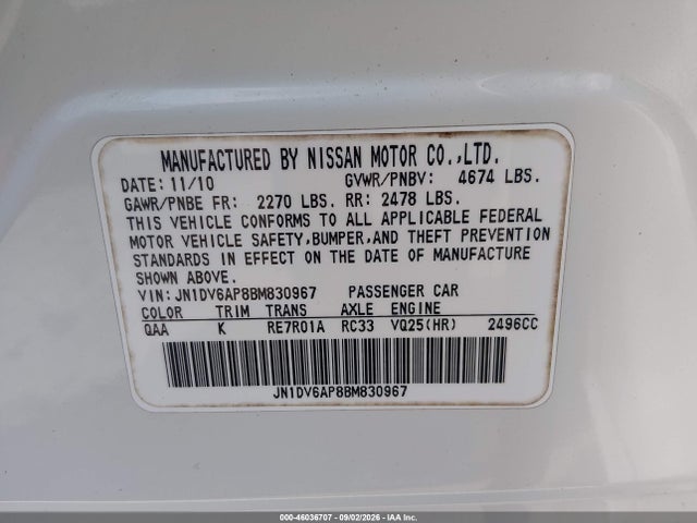 46036707 :رقم المزاد ، JN1DV6AP8BM830967 vin ، 2011 Infiniti G25 Journey مزاد بيع