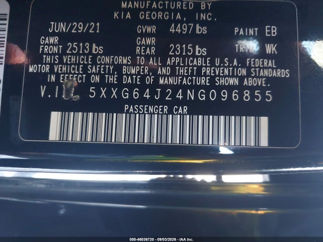 2022 Kia K5 Gt-line მანქანა იყიდება აუქციონზე, vin: 5XXG64J24NG096855, აუქციონის ნომერი: 46036720