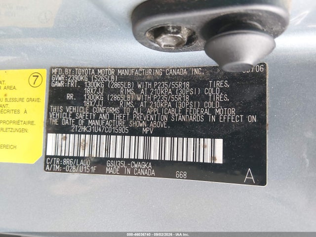 46036740 :رقم المزاد ، 2T2HK31U47C015905 vin ، 2007 Lexus Rx 350 مزاد بيع