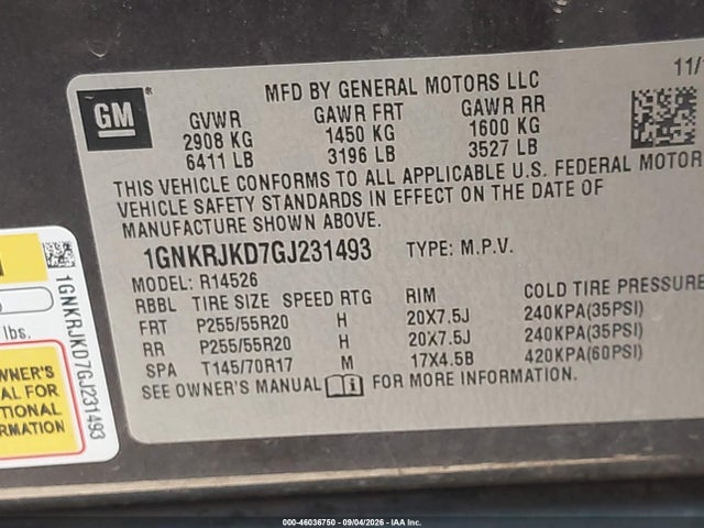 46036750 :رقم المزاد ، 1GNKRJKD7GJ231493 vin ، 2016 Chevrolet Traverse Ltz مزاد بيع