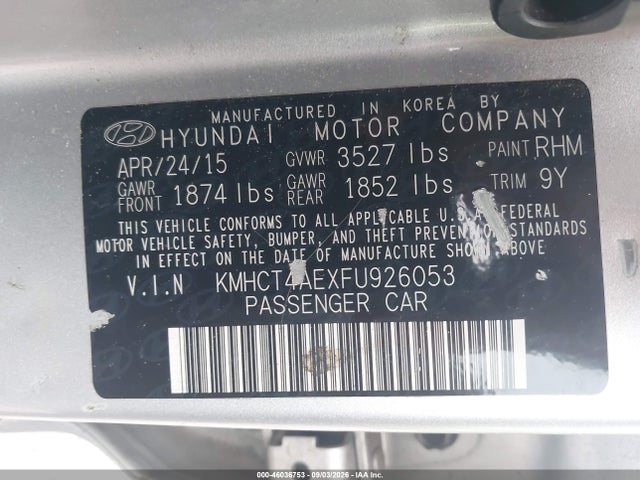 Auction sale of the 2015 Hyundai Accent Gls, vin: KMHCT4AEXFU926053, lot number: 46036753