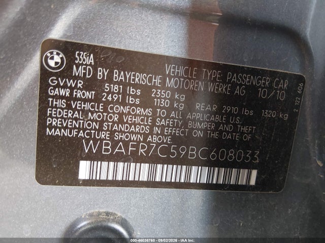 46036760 :رقم المزاد ، WBAFR7C59BC608033 vin ، 2011 Bmw 535i مزاد بيع