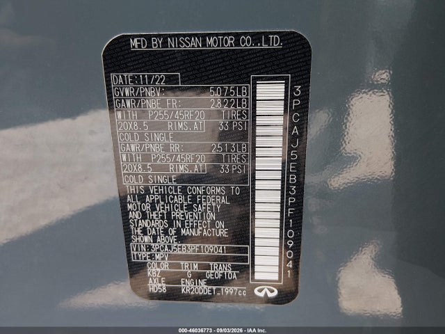 2023 Infiniti Qx50 Sensory Awd მანქანა იყიდება აუქციონზე, vin: 3PCAJ5EB3PF109041, აუქციონის ნომერი: 46036773