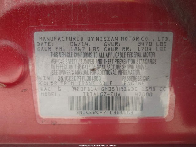 Auction sale of the 2015 Nissan Versa Note Sr, vin: 3N1CE2CP7FL361663, lot number: 46036789