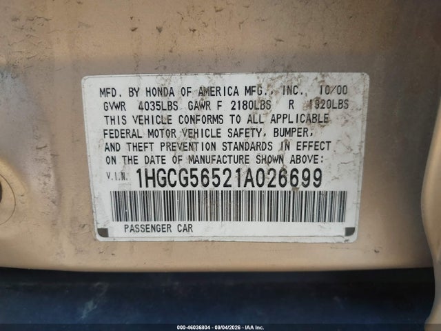 Aukcja sprzedaży 2001 Honda Accord 2.3 Lx, vin: 1HGCG56521A026699, numer aukcji: 46036804