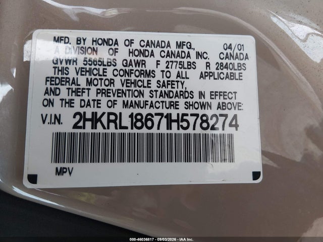 Продаж на аукціоні авто 2001 Honda Odyssey Ex, vin: 2HKRL18671H578274, номер лоту: 46036817