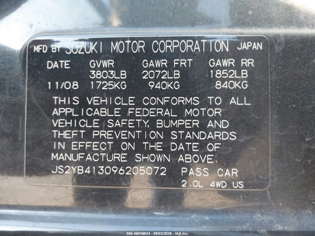 2009 Suzuki Sx4 Technology მანქანა იყიდება აუქციონზე, vin: JS2YB413096205072, აუქციონის ნომერი: 46036834