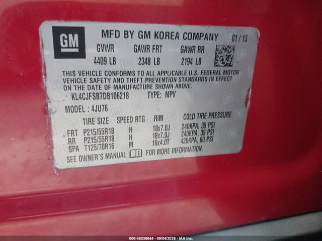 46036844 :رقم المزاد ، KL4CJFSB7DB106218 vin ، 2013 Buick Encore Convenience مزاد بيع