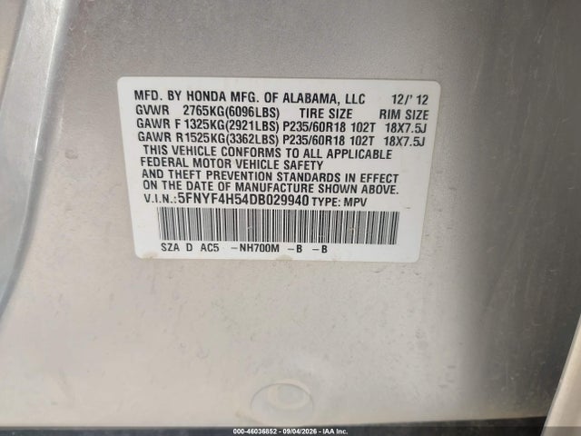 46036852 :رقم المزاد ، 5FNYF4H54DB029940 vin ، 2013 Honda Pilot Ex-l مزاد بيع