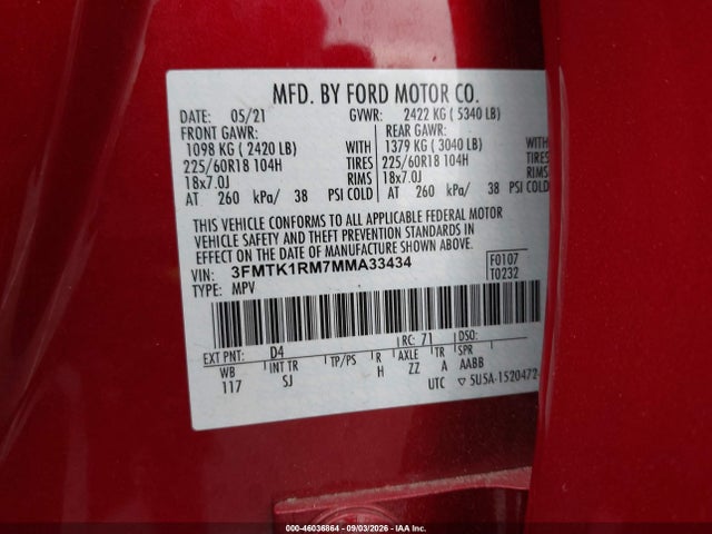 2021 Ford Mustang Mach-e Select მანქანა იყიდება აუქციონზე, vin: 3FMTK1RM7MMA33434, აუქციონის ნომერი: 46036864