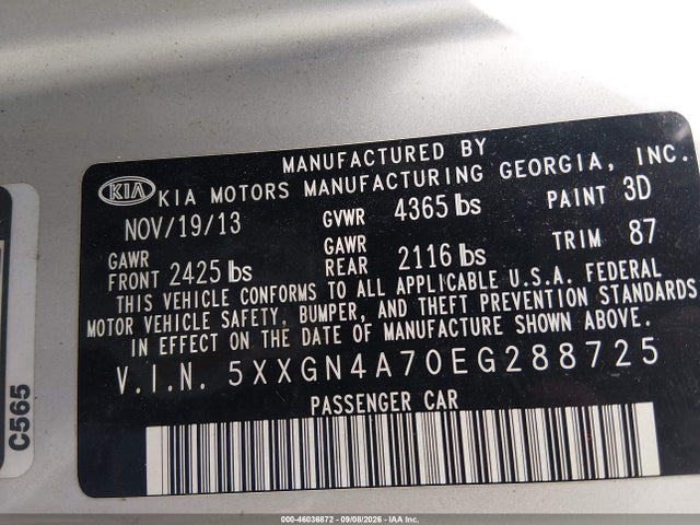 2014 Kia Optima Ex მანქანა იყიდება აუქციონზე, vin: 5XXGN4A70EG288725, აუქციონის ნომერი: 46036872