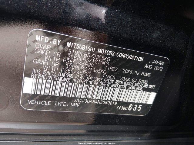 Продажа на аукционе авто 2022 Mitsubishi Outlander Black Edition 2wd/se 2.5 2wd/se Launch Edition 2wd, vin: JA4J3UA84NZ089219, номер лота: 46036875