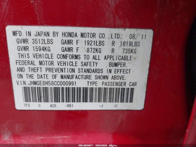 Продаж на аукціоні авто 2012 Honda Fit Sport, vin: JHMGE8H58CC000991, номер лоту: 46036877