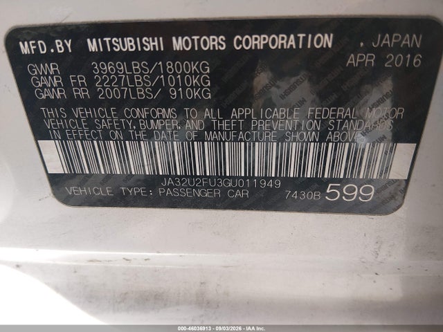 Aukcja sprzedaży 2016 Mitsubishi Lancer Es, vin: JA32U2FU3GU011949, numer aukcji: 46036913