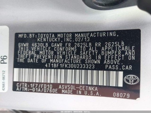 2013 Toyota Camry Le მანქანა იყიდება აუქციონზე, vin: 4T1BF1FK3DU233323, აუქციონის ნომერი: 46036914
