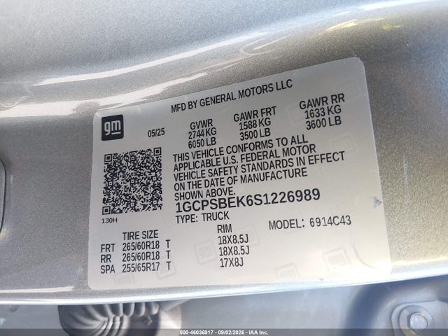 2025 Chevrolet Colorado 2wd Wt მანქანა იყიდება აუქციონზე, vin: 1GCPSBEK6S1226989, აუქციონის ნომერი: 46036917