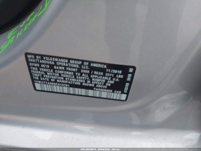 46036919 :رقم المزاد ، 1VWAT7A38GC013761 vin ، 2016 Volkswagen Passat 1.8t S مزاد بيع