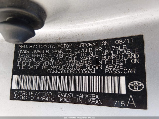 46036931 :رقم المزاد ، JTDKN3DU0B5303634 vin ، 2011 Toyota Prius Two مزاد بيع