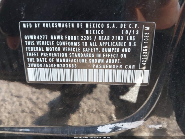 2014 Volkswagen Jetta 1.8t Se მანქანა იყიდება აუქციონზე, vin: 3VWD07AJ0EM383683, აუქციონის ნომერი: 46036939