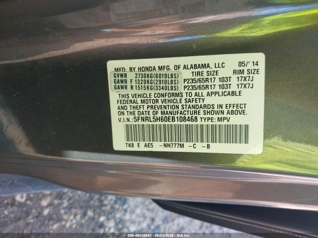 46036942 :رقم المزاد ، 5FNRL5H60EB108468 vin ، 2014 Honda Odyssey Ex-l مزاد بيع