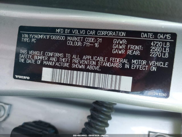 2015 Volvo S60 T5 Premier მანქანა იყიდება აუქციონზე, vin: YV140MFK1F1369500, აუქციონის ნომერი: 46036943