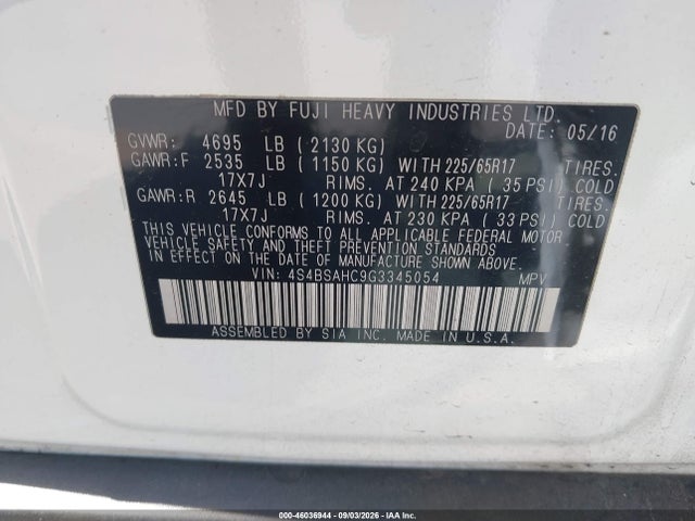 Subaru Outback 2.5i Premium 2016 4S4BSAHC9G3345054 Image 9
