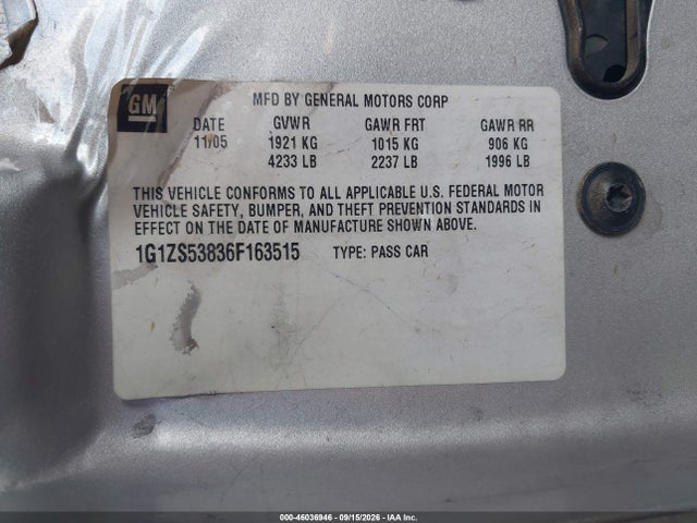 46036946 :رقم المزاد ، 1G1ZS53836F163515 vin ، 2006 Chevrolet Malibu Ls مزاد بيع