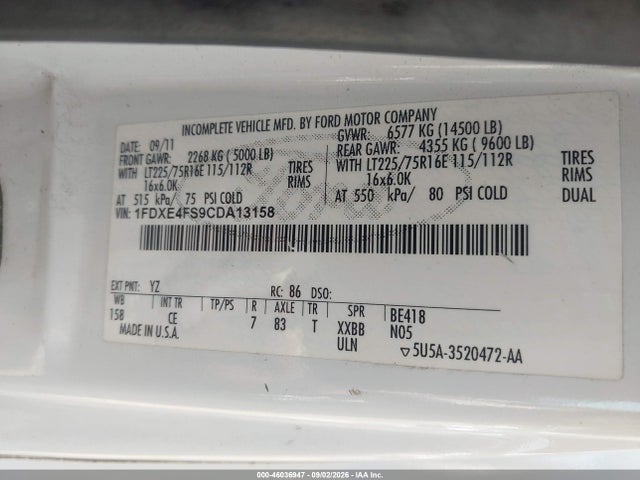 46036947 :رقم المزاد ، 1FDXE4FS9CDA13158 vin ، 2012 Ford E-450 Cutaway مزاد بيع