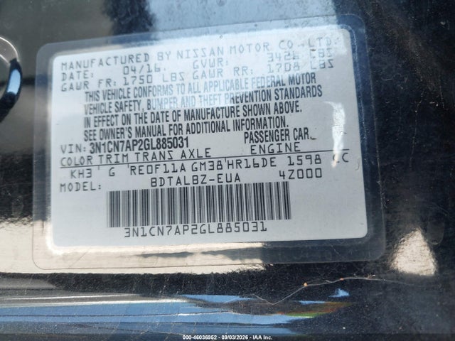 46036952 :رقم المزاد ، 3N1CN7AP2GL885031 vin ، 2016 Nissan Versa 1.6 S/1.6 S+/1.6 Sl/1.6 Sv مزاد بيع