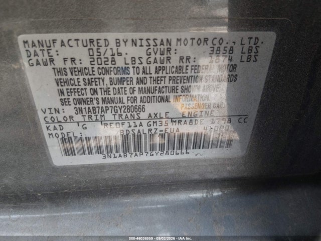 Продажа на аукционе авто 2016 Nissan Sentra Fe+ S/s/sl/sr/sv, vin: 3N1AB7AP7GY280666, номер лота: 46036959