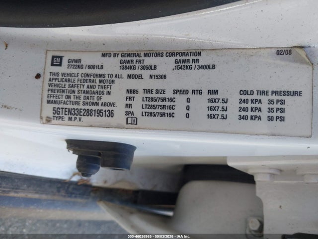 46036965 :رقم المزاد ، 5GTEN33E288195136 vin ، 2008 Hummer H3 Suv مزاد بيع